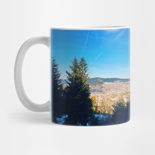 coniferous trees on the top of mountain hills Mug